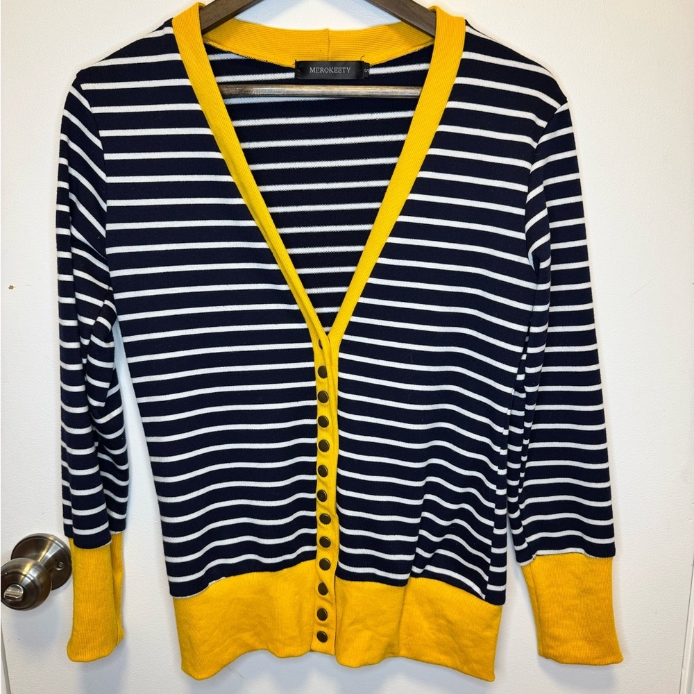 Striped Navy Cardigan with Yellow Trim by Merokeety Size Small